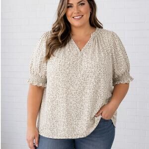 Polagram 1XL Floral Blouse NWT Cream Taupe Puff Sleeve Cottagecore Top